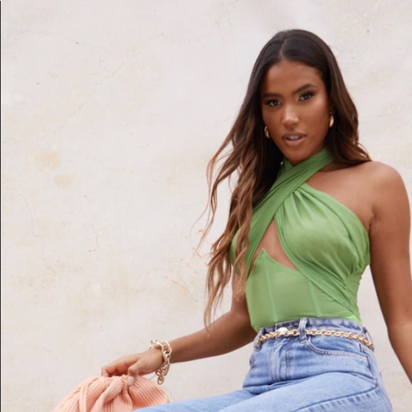 COPY - Olive Chiffon Halterneck Underbust Corset Detail Bodysuit - Picture 1 of 5